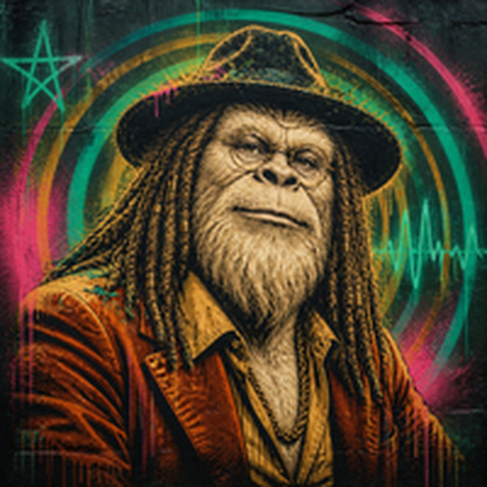 Spray-paint mural of the Yeti — hat, dreads, sound waves painted behind him